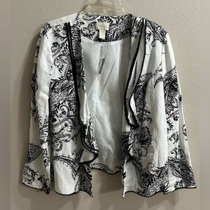 Chicos Linen Blend Jacket Large Petite 2P Neutral Paisley Open Front Ruffle NWT